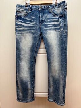 American Fighter Men's Distressed Blue Straight Jeans